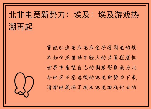 北非电竞新势力：埃及：埃及游戏热潮再起